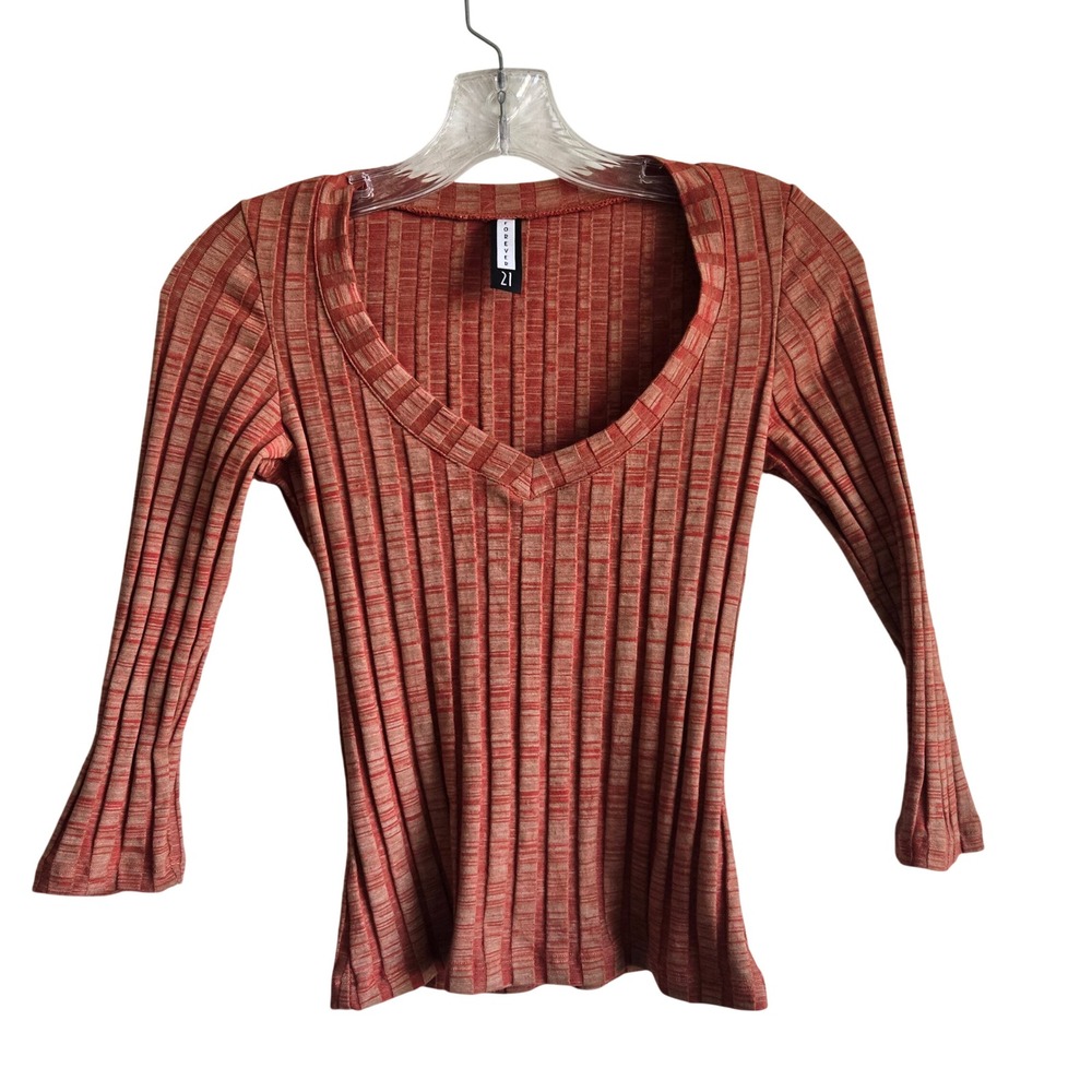 Vtg Y2K Forever 21 S Ribbed V-Neck Top Womens Rust Orange Excellent 3/4 Sleeve
